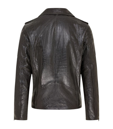 Mens Black Cow Leather Alligator Print Embossed Biker Jacket - Rot