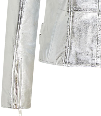 Womens Leather Brando Biker Jacket-Orlando - Silver