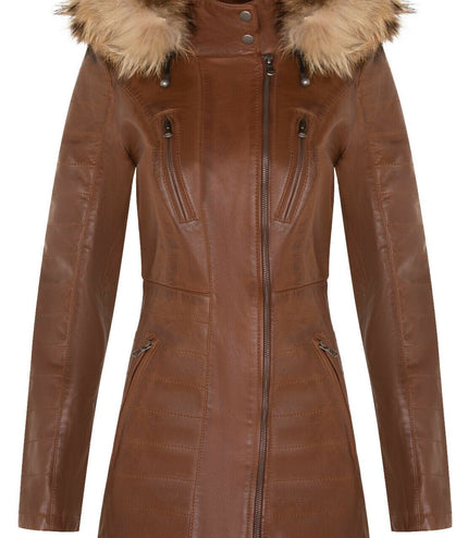 Womens Slim Fit Leather Hooded Parka Jacket-Northam - Tan