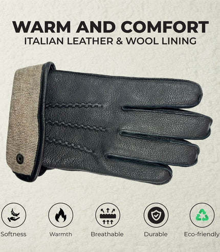 Men's Black Italian Leather Warm Wool-Lined Winter Gloves - M-LGV-505