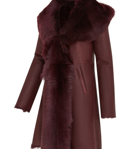 Womens Burgundy Red Toscana Sheepskin Leather Hooded Trench Coat - Coast