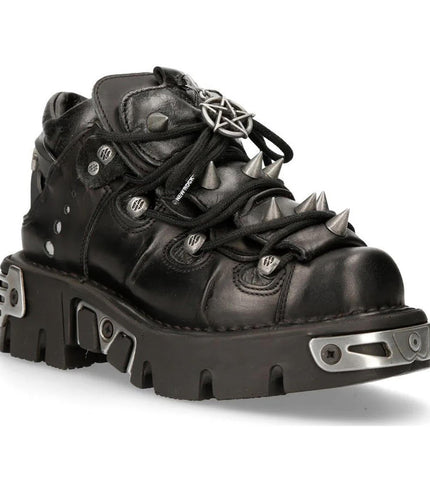 New Rock Black Leather Spiked Ankle Boots - 110-S1