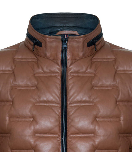 Men's Puffer Quilted Bomber Leather Jacket - Recife - Tan