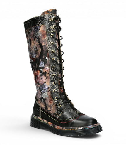 Laura Vita Women's Maroon Gothic Victorian Floral Black Leather Knee-High Lace-Up Boots - Incaso-50