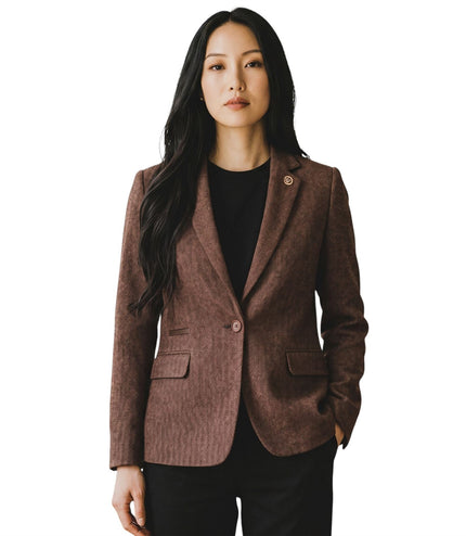 Women's Rust Brown Wool Tweed Herringbone Check Blazer - WS-1