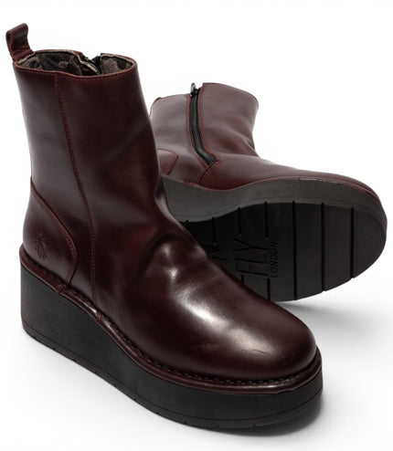 Fly London Women’s Wine Leather Wedge Heel Platform Ankle Boots - HEIJ272