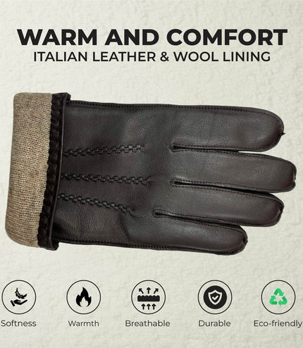 Men's Brown Italian Leather Warm Wool Lining Winter Stich Design Gloves - M-LGV-205