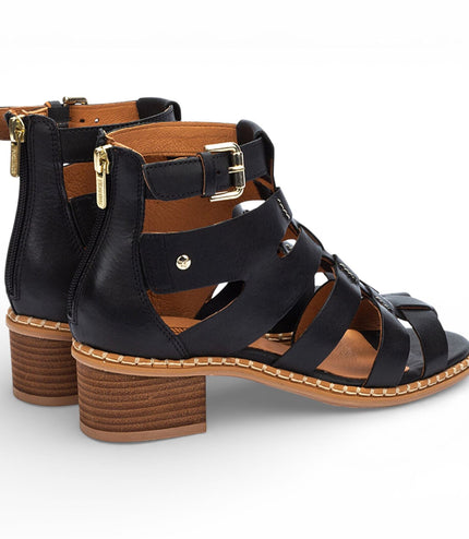 Pikolinos Women's Black Leather Block-Heel Gladiator Sandals - Blanes