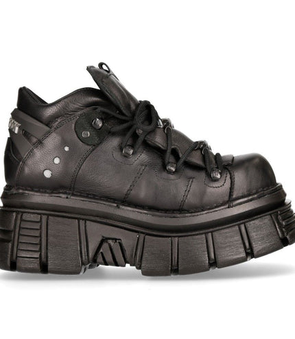 NEW ROCK 106N-S52 TOWER SHOES Metallic Black Leather Biker Punk Gothic Boots