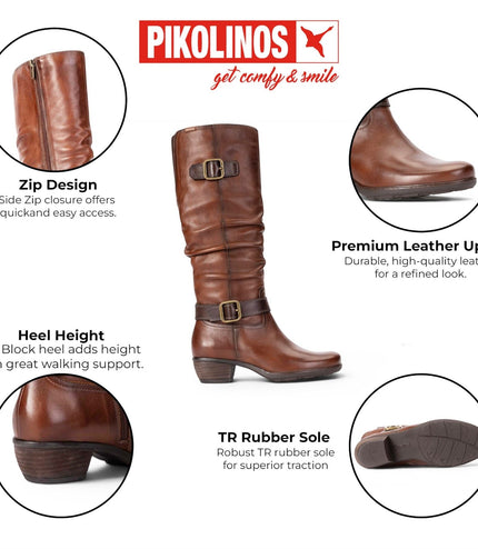 Pikolinos Women's Brown Leather Heel Knee-High Long Boots - Utiel
