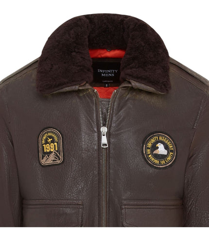 Men's Leather Bomber Sheepskin Collar G-1 Aviator Jacket - Linear - Brown