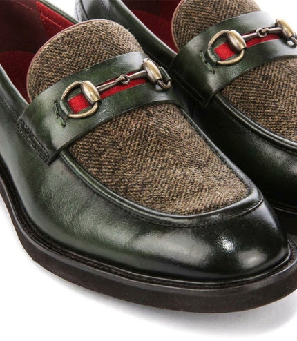 Justin Reess Men's Green Leather Herringbone Tweed Loafer Shoes - Tristian