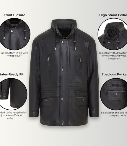 Mens Soft Italian Leather Parka Coat-Winnipeg - Black