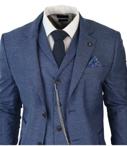 Men's 3 Piece Blue Prince Of Wales Check Suit