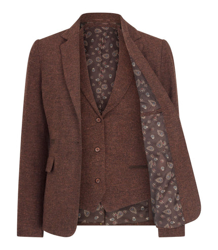 Women's Rust Brown Herringbone Wool Tweed Check Blazer