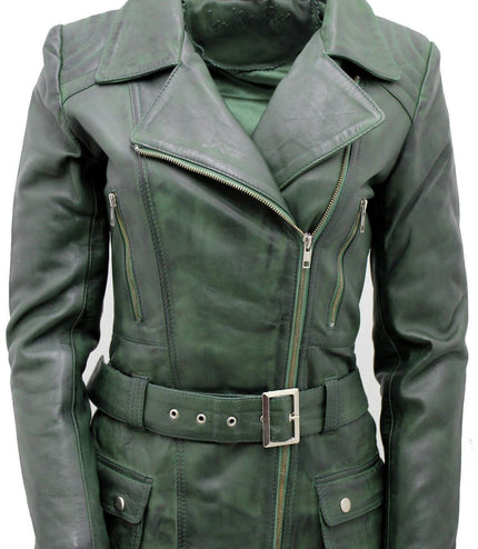 Womens Long Leather Biker Jacket-Quito - Grey
