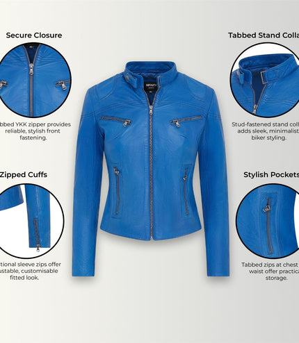 Womens Slim-Fit Leather Biker Jacket-Maldon - Blue