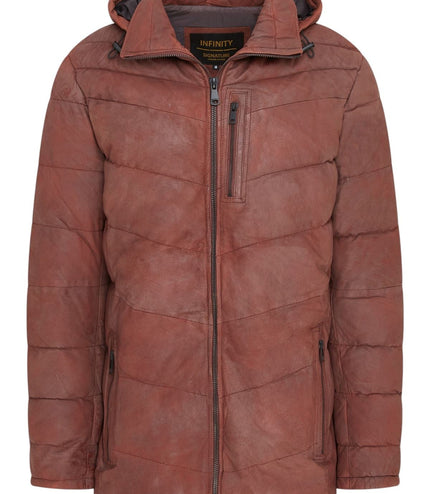 Men's Tan Brown Leather Quilted Jacket Hooded Puffer Winter Coat - Olyic
