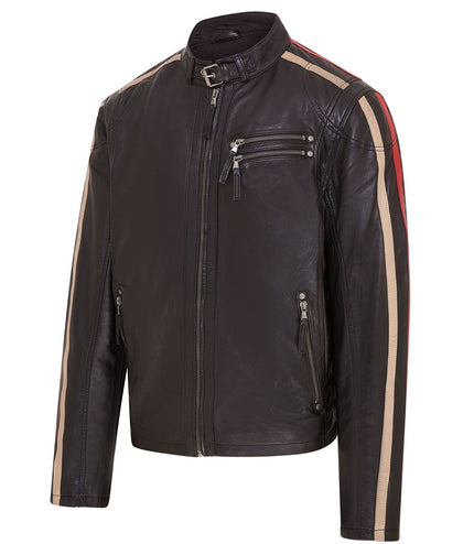 Mens Black Cafe Racer Striped Leather Jacket Vintage Biker Motorcycle Jacket