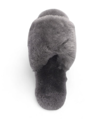Women's Sheepskin Slippers Grey Warm Winter Fur Sliders - Nordic