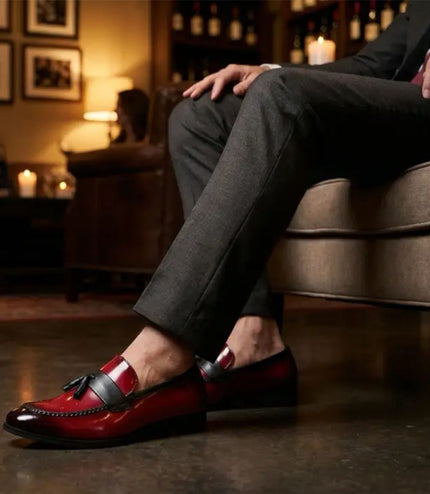 Mens Red Tassel High-Gloss Patent Faux Leather Formal Loafers Shoes