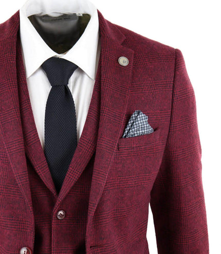 Mens 3 Piece Tweed Suit Wool Burgundy Black 1920s Authentic 1920s Blinders Suit Retro Classic