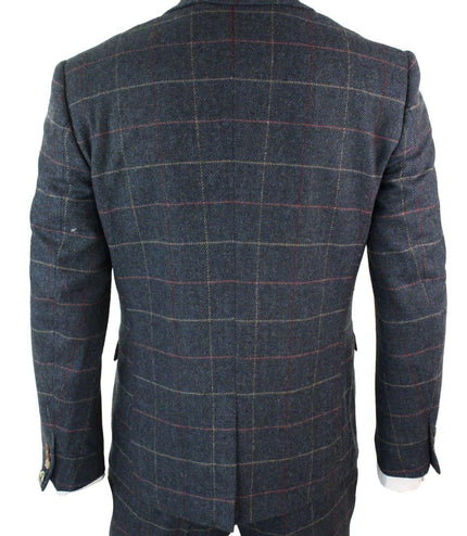 Mens 3 Piece Navy Blue Herringbone Check Vintage Suit