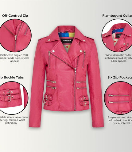 Womens Leather Brando Biker Jacket-Orlando - Fuschia