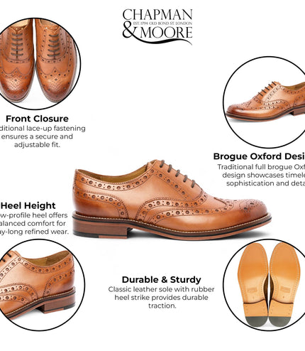 Chapman & Moore Men's Tan Brown Leather Wingtip Brogue Oxford Office Shoes