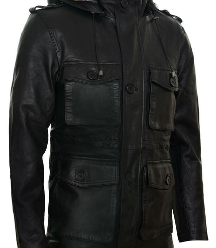 Mens Leather Hooded Trench Coat-Medellin - Black