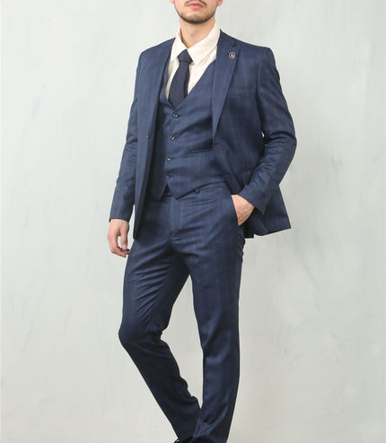 Men's 3 Piece Prince Of Wales Blue Suit Workwear