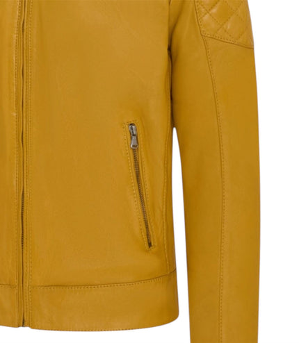 Mens Yellow Leather Quilted Shoulder Biker Jacket - Rock