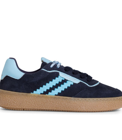 Tamaris Womens Navy Blue Leather Fashion Stripe Lace Up Sneakers
