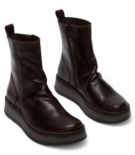 Fly London Womens Dark Brown Reno053Fly Leather Zip Up Platform Comfort Ankle Boots