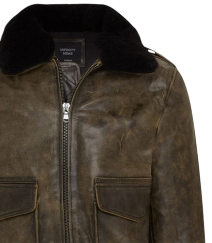 Mens Brown Leather Aviator Bomber Jacket - Lunar