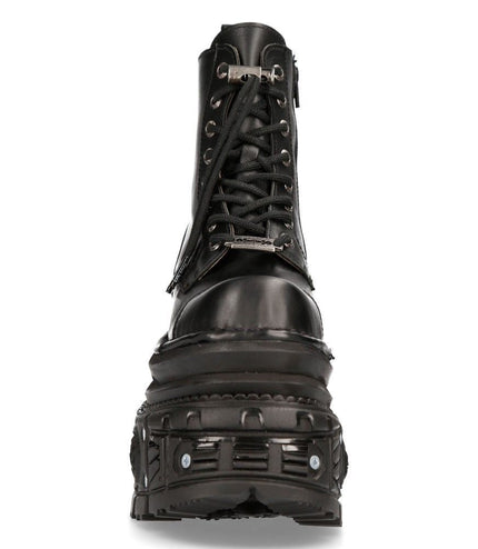 New Rock Metallic Black Leather Military Boots - M-MILI083CCT