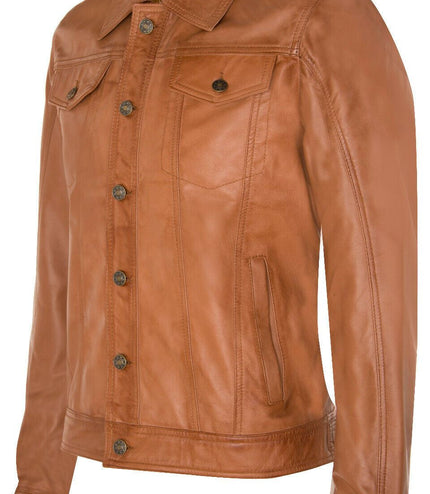 Men's Retro Leather Trucker Jacket-Constantine - Tan
