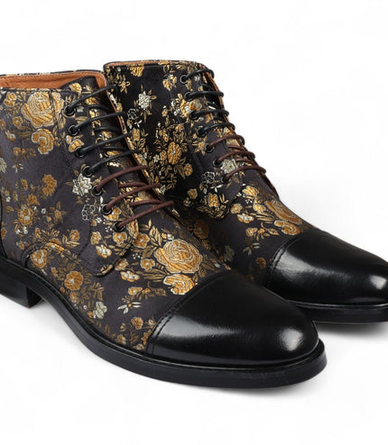 Justin Reess Men's Black Floral Print Leather Oxford Ankle Boots - Adam