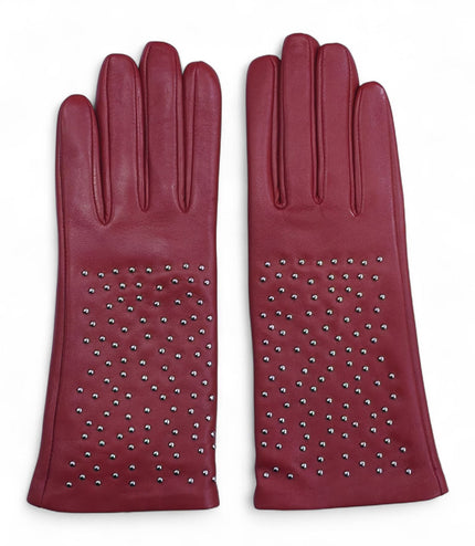 Womens Red Italian Leather Winter Studded Design Soft Wool Lining Gloves - L-GLV-601