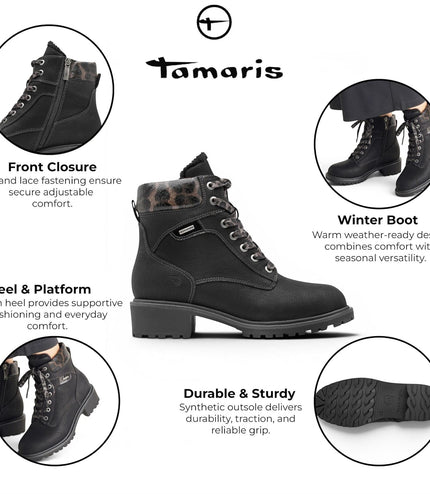 Tamaris Women’s Black Warm Lace-Up Winter Outdoor Ankle Boots - 26266-43