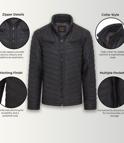 Men's Puffer Leather Biker Quilted Vintage Bomber Jacket - Black
