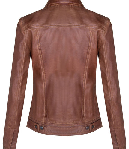 Womens Leather Trucker Jeans Jacket-Anderlecht - Tan