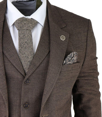 Mens Brown 3 Piece Tweed Herringbone Suit Peaky Blinders Classic Tailored
