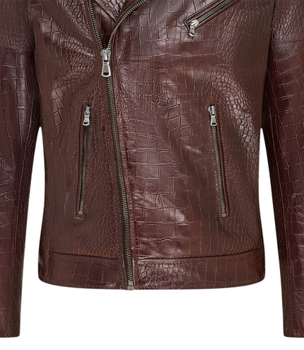 Mens Brown Cow Leather Alligator Print Embossed Biker Jacket - Rot
