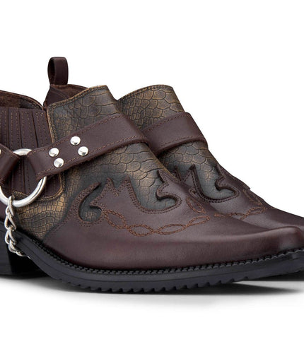 Men'S Brown Snakeskin Winklepicker Leather Biker Boots