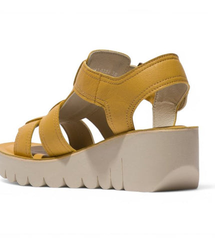 Fly London Women's Yudd236Fly Bumblebee Yellow Mousse Leather Wedge Sandals