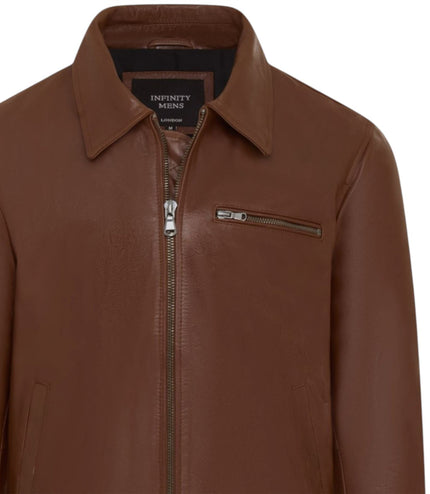 Mens Leather Tan Harrington Collar Biker Jacket - Arick