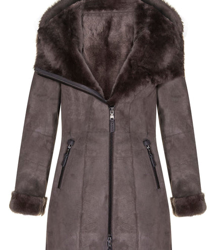Womens Merino Sheepskin Hooded Coat-Antioch - Taupe