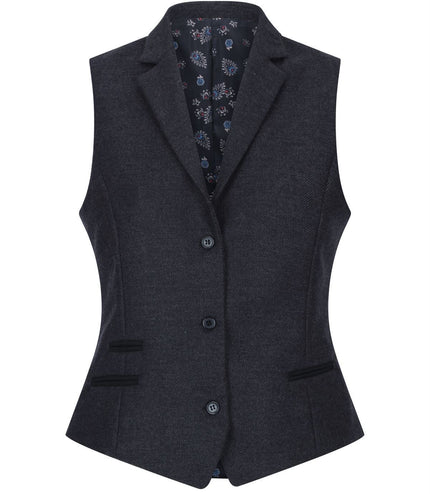 Womens Black Herringbone Check Tweed Waistcoat Wool Blend Vest