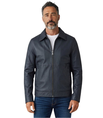 Mens Leather Blue Harrington Collar Biker Jacket - Alpha